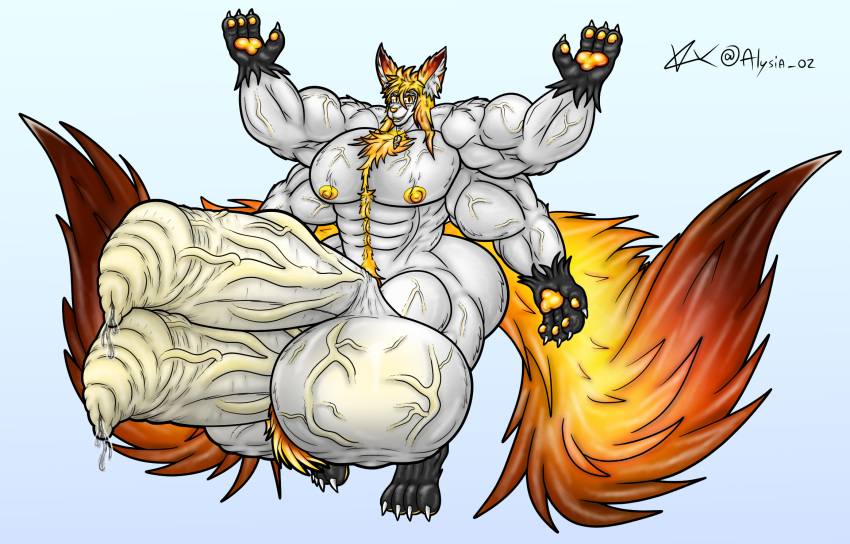 2_penises 2_tails 4_arms anthro balls big_balls big_butt big_muscles big_penis bodily_fluids butt canid canine canis elysios elysios_(elysios) foreskin fox genital_fluids genitals hair hi_res huge_balls huge_butt huge_muscles huge_penis humanoid_genitalia hybrid hyper hyper_balls hyper_genitalia hyper_muscles hyper_penis male mammal multi_arm multi_genitalia multi_limb multi_penis multi_tail muscular muscular_male nipples penis precum solo tail thick_thighs vein veiny_balls veiny_muscles veiny_penis wolf