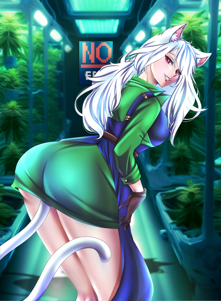 absurdres animal_ears apron blue_apron cat_ears cat_girl cat_tail corvax_station gloves highres leather leather_gloves no_erp_sign non-web_source red_eyes space_station_13 space_station_14 ss13 ss14 tail werkas white_fur white_hair