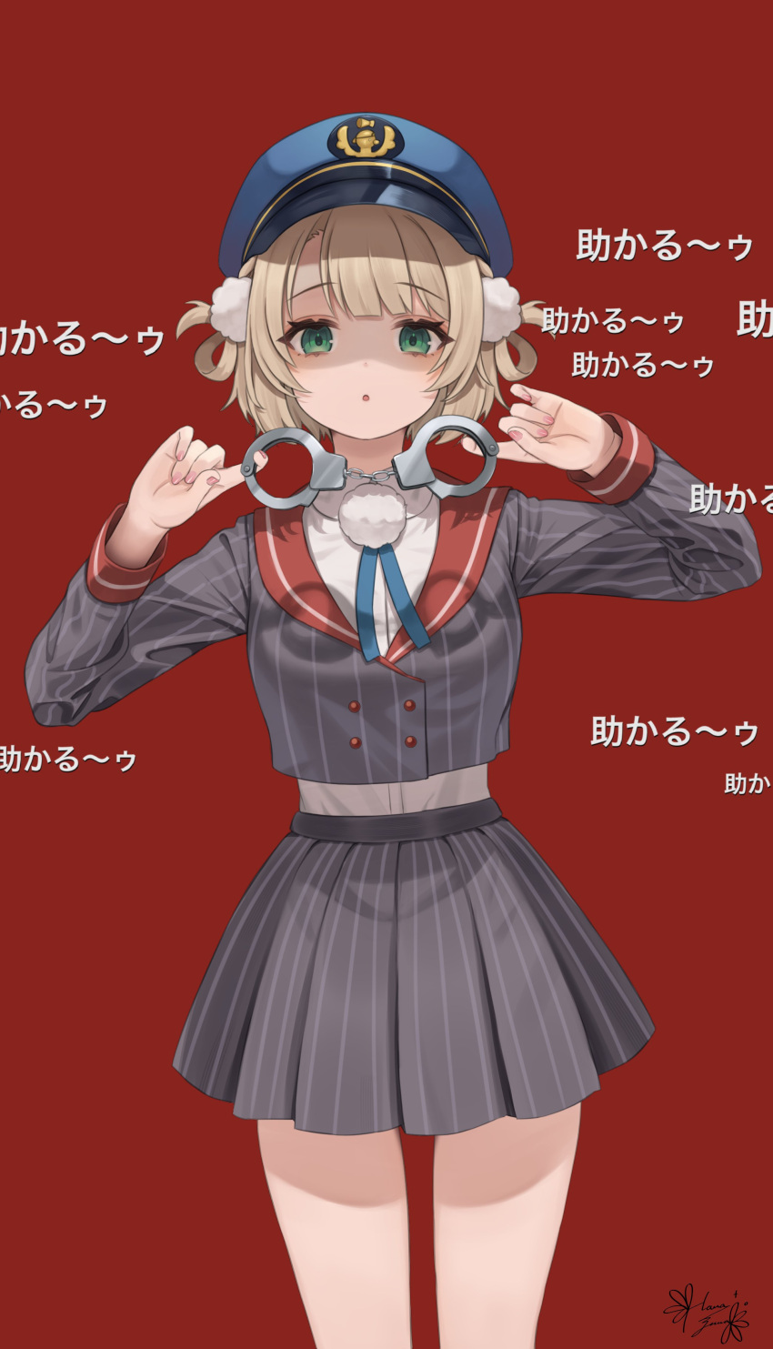 1girl :o absurdres black_jacket black_shirt blonde_hair blue_headwear breasts commentary cowboy_shot cropped_jacket cropped_legs cuffs danmaku_comments green_eyes grey_skirt grey_vest hair_ornament hair_rings hanazawa_ma handcuffs hands_up hat highres holding holding_handcuffs indie_virtual_youtuber jacket long_sleeves looking_at_viewer medium_breasts miniskirt open_mouth peaked_cap pinstripe_jacket pinstripe_pattern pleated_skirt police_hat pom_pom_(clothes) pom_pom_hair_ornament red_background shaded_face shigure_ui_(1st_costume)_(vtuber) shigure_ui_(vtuber) shirt short_hair shukusei!!_loli-gami_requiem signature simple_background skirt solo standing straight-on striped thighs translation_request vest virtual_youtuber white_shirt