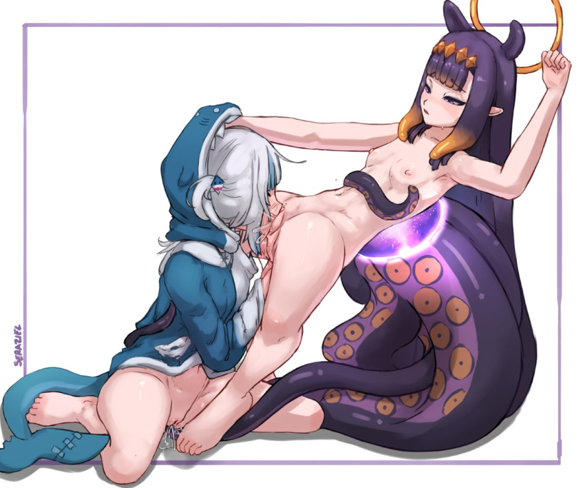 2girls artist_name barefoot blue_hoodie breasts cunnilingus feet female_ejaculation fins fish_tail gawr_gura grey_hair halo hand_on_another's_head hololive hololive_english hood hood_up hoodie legs long_hair multiple_girls navel ninomae_ina'nis nipples oral pointy_ears purple_eyes purple_hair pussy seraziel shark_tail small_breasts tail tentacle_hair tentacles toes vaginal virtual_youtuber white_background yuri