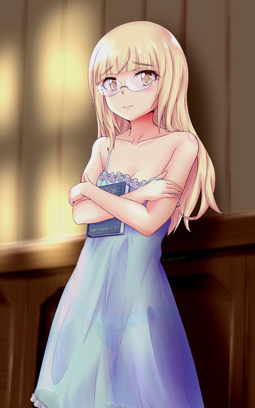 1girl blonde_hair blue_nightgown blue_panties blush book breasts closed_mouth collarbone frilled_panties frills glasses highres holding holding_book indoors kuni-kun long_hair looking_at_viewer nightgown panties perrine_h._clostermann shiny_skin small_breasts solo strike_witches underwear world_witches_series yellow_eyes