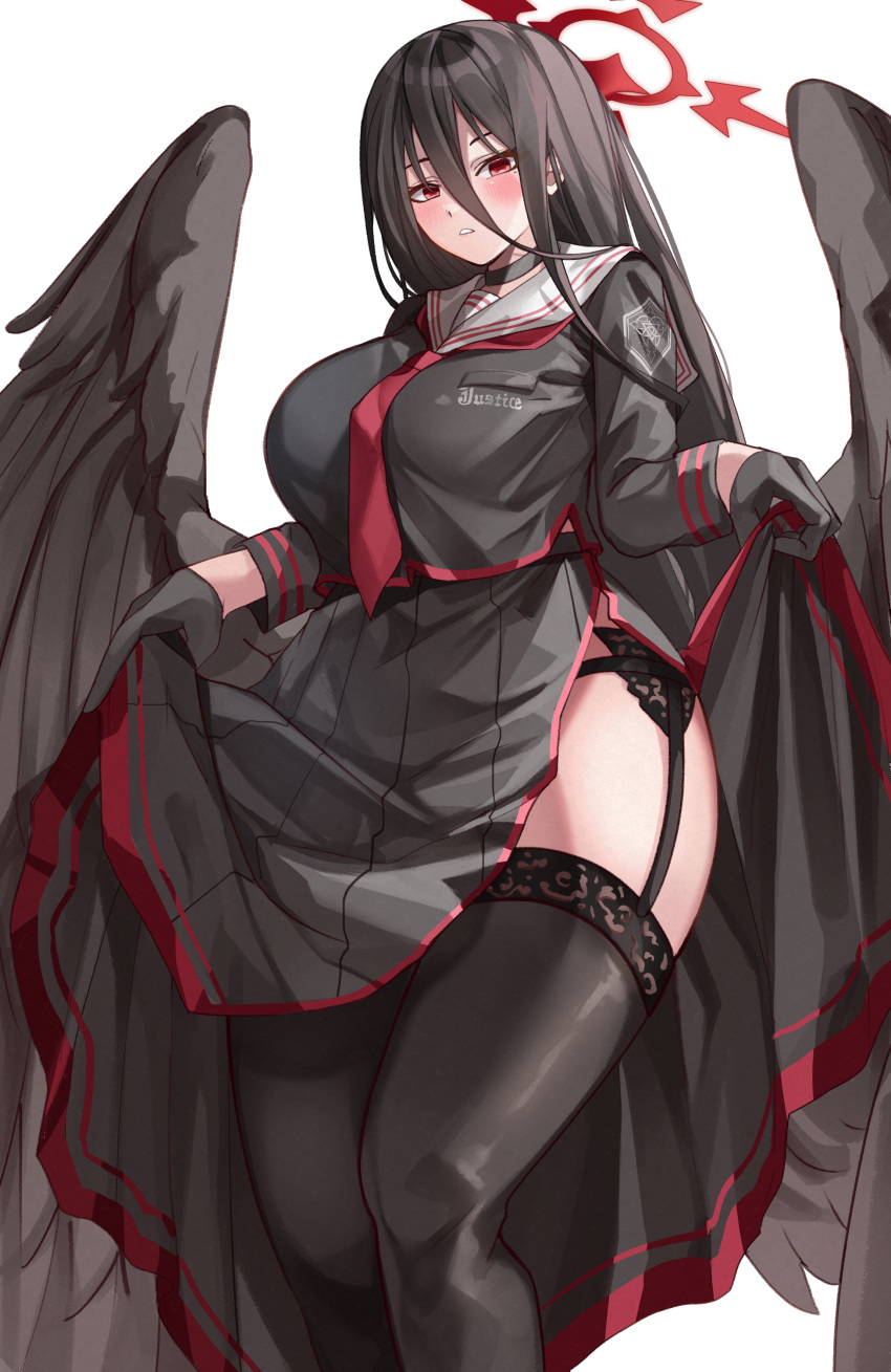 1girl absurdres black_garter_belt black_gloves black_hair black_serafuku black_thighhighs black_wings blue_archive blush breasts clothes_lift feathered_wings feet_out_of_frame garter_belt gloves hair_between_eyes halo hasumi_(blue_archive) highres large_breasts looking_at_viewer maboroshi_mochi mole mole_under_eye pleated_skirt red_eyes school_uniform serafuku side_slit skirt skirt_lift solo thick_thighs thighhighs thighs wings