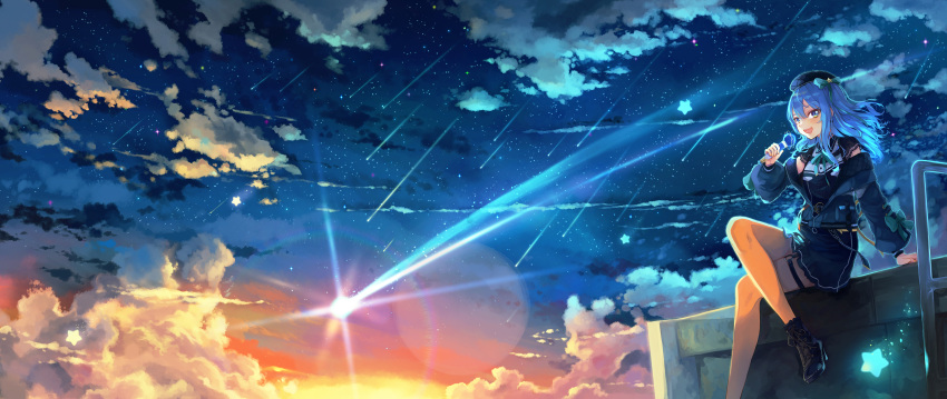 1girl absurdres beret blue_eyes blue_hair blush cloud comet commentary crossed_legs english_commentary hat high_heels highres holding holding_microphone hololive hoshimachi_suisei jacket long_hair microphone night night_sky off_shoulder open_mouth pantyhose shadow2810 shooting_star sitting skirt sky solo star_(sky) star_(symbol) starry_sky sunset thigh_strap