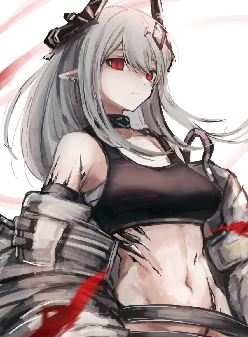 1girl 3_(sanyako1) arknights black_shirt breasts closed_mouth crop_top ear_piercing highres horns jacket large_breasts long_hair looking_at_viewer midriff mudrock_(arknights) navel no_panties off_shoulder piercing pointy_ears red_eyes shirt simple_background solo upper_body white_background white_hair