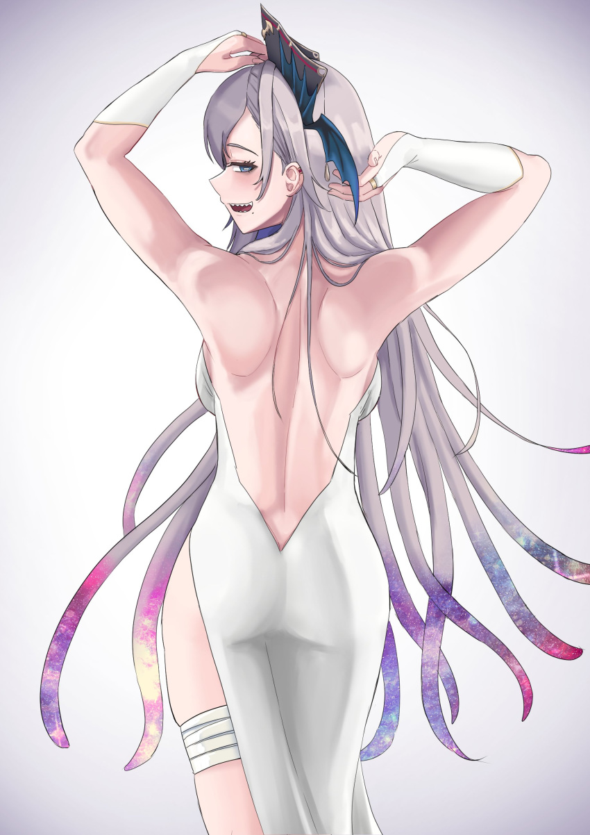 1girl absurdres arms_up back backless_dress backless_outfit bandaged_leg bandages black_headwear blue_eyes breasts bridal_gauntlets bright_pupils dress grey_hair hat highres horizontal_pupils indie_virtual_youtuber kuon_bb long_hair median_furrow mole mole_under_mouth open_mouth pochimaru_(vtuber) sharp_teeth side_slit solo teeth tentacle_hair white_bridal_gauntlets white_dress white_pupils