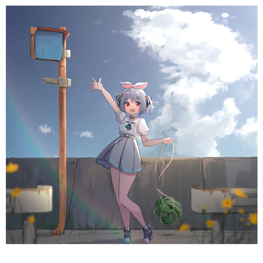 1girl :d absurdres ame. animal_ears arm_up black_footwear black_ribbon blue_hair blue_sky blurry blurry_foreground carrot_hair_ornament cloud collared_shirt commentary_request day depth_of_field flower food food-themed_hair_ornament fruit guard_rail hair_ornament hair_ribbon highres holding hololive looking_at_viewer outdoors pleated_skirt puffy_short_sleeves puffy_sleeves rabbit_ears red_eyes ribbon shirt shoes short_eyebrows short_sleeves skirt sky smile solo standing thick_eyebrows two_side_up usada_pekora virtual_youtuber watermelon white_shirt white_skirt yellow_flower