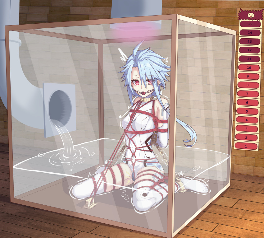 1girl absurdres ahoge arms_behind_back ball_gag bdsm blue_hair blush bondage bone_ko bound bound_arms bound_legs box breasts chain chained collar commission elbow_gloves full_body gag gloves highres in_box in_container leotard medium_hair neptune_(series) no_shoes peril red_eyes restrained rope second-party_source sex_toy shibari shibari_over_clothes short_hair_with_long_locks sitting skindentation small_breasts solo thighhighs wariza water white_gloves white_heart white_leotard white_thighhighs