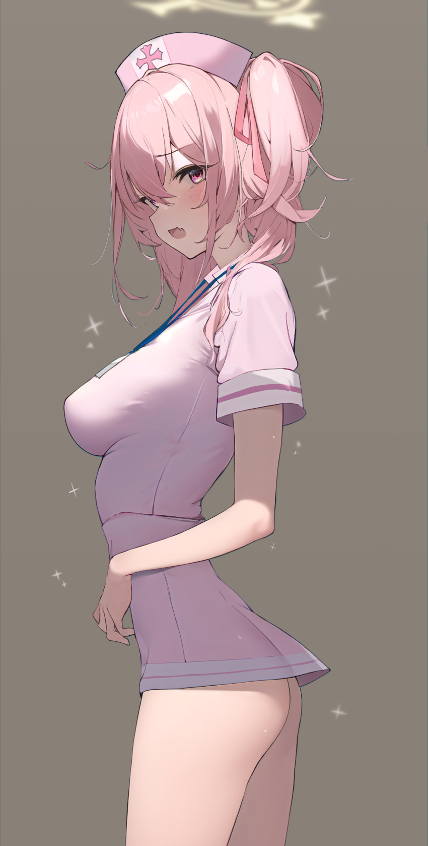 1girl ass blue_archive blush commentary cross dress from_side halo harenchi hat highres looking_at_viewer microdress nurse open_mouth pink_eyes pink_hair serina_(blue_archive) shirt short_sleeves simple_background symbol-only_commentary thighs twintails uniform