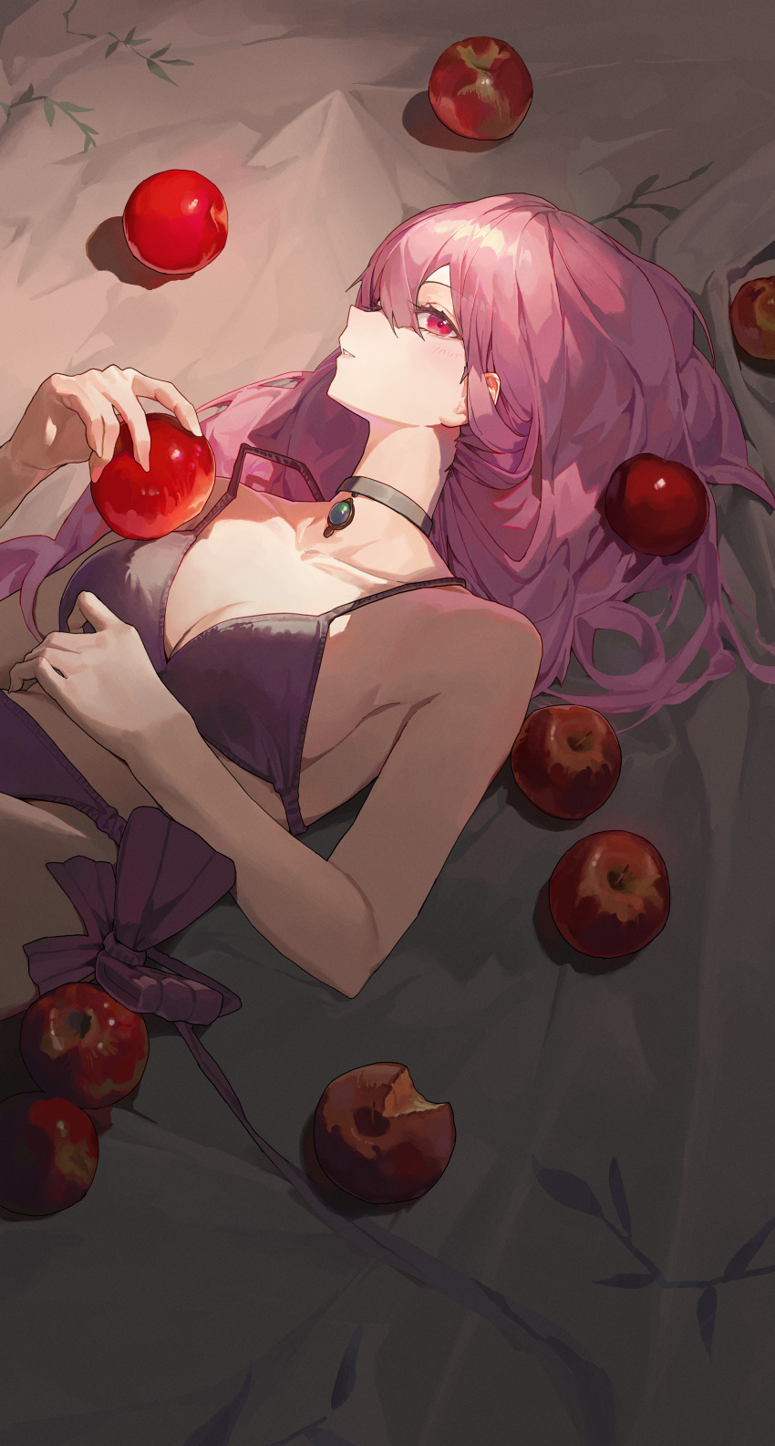 1girl absurdres apple bed_sheet bikini black_bikini black_choker breasts choker cleavage collarbone food fruit highres hololive hololive_english looking_at_viewer lying medium_breasts mori_calliope on_back pink_eyes pink_hair sideboob solo starshell swimsuit