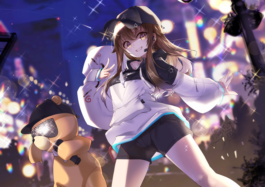 1girl absurdres ankimo_(tokino_sora) brown_eyes hat highres hololive hood hoodie long_hair looking_at_viewer microphone pillow pparus shorts smile sunglasses tokino_sora tokino_sora_(6th_costume) v virtual_youtuber