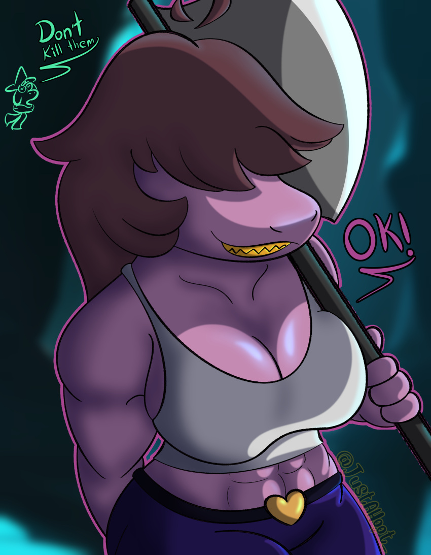 absurd_res anthro axe big_breasts breasts clothed clothing deltarune dialogue female hi_res humanoid justahoot lizard muscular muscular_female purple_body reptile scalie smile smiling_at_viewer solo susie_(deltarune) text topwear undertale_(series) weapon