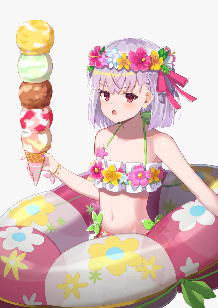 1girl absurdres bare_shoulders bikini blush breasts collarbone fate/grand_order fate_(series) flower_wreath food green_bikini hair_ribbon head_wreath highres ice_cream ice_cream_cone innertube kama_(fate) kama_(swimsuit_avenger)_(fate) kama_(swimsuit_avenger)_(first_ascension)_(fate) looking_at_viewer miniskirt motukan navel open_mouth red_eyes ribbon short_hair skirt small_breasts solo swimsuit white_hair