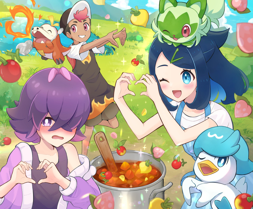 1boy 2girls ;d absurdres apron berry_(pokemon) blue_apron blue_eyes blush bright_pupils commentary_request cooking_pot cowlick curry day dot_(pokemon) eyelashes fire food fuecoco grass grin hair_over_one_eye haru_(haruxxe) heart heart_hands highres liko_(pokemon) multiple_girls off_shoulder one_eye_closed open_mouth outdoors pink_eyes pokemon pokemon_(anime) pokemon_horizons purple_eyes purple_hair quaxly roy_(pokemon) shirt short_sleeves sleeveless sleeveless_shirt smile sprigatito t-shirt teeth water white_pupils white_shirt