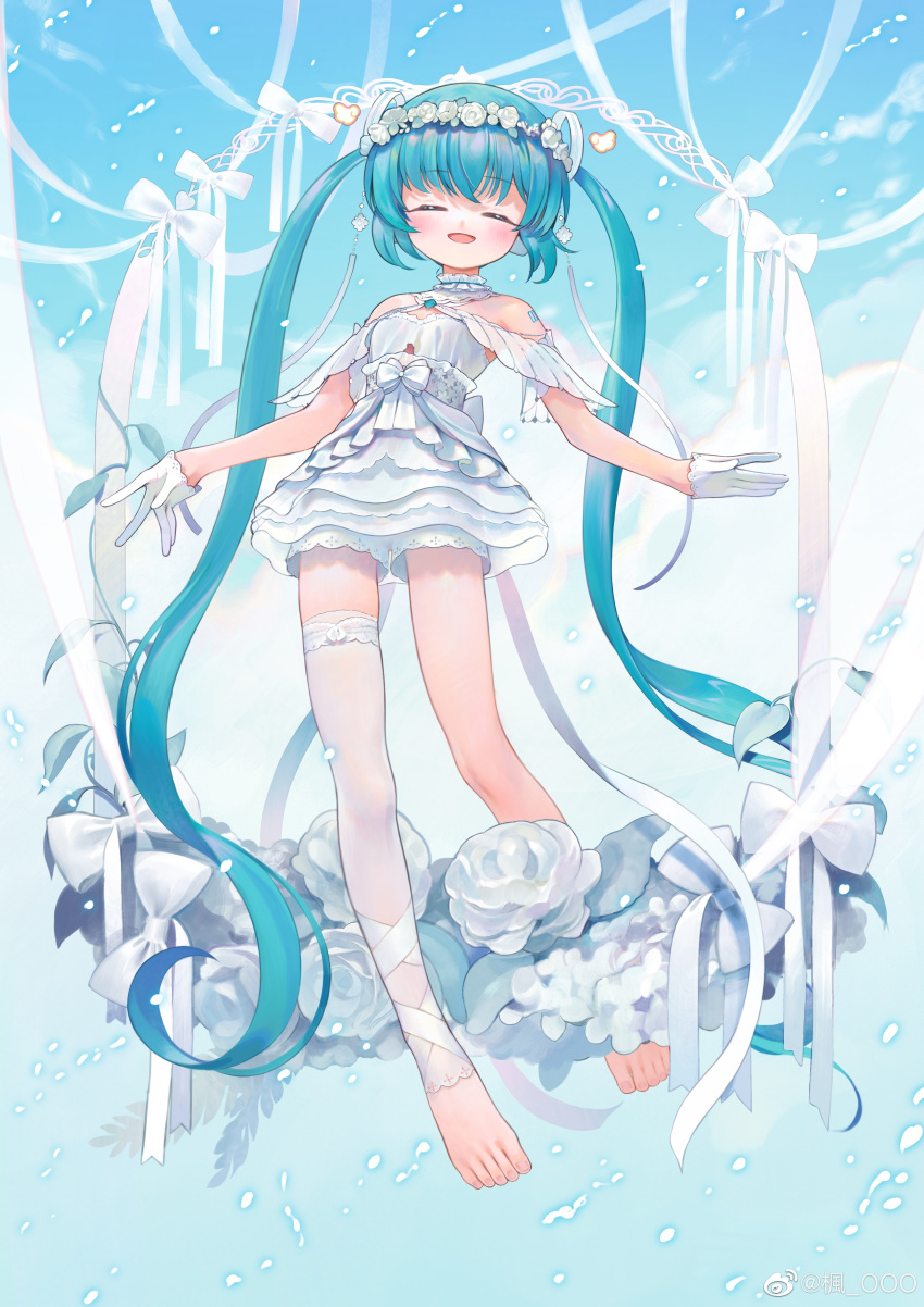 1girl above_clouds absurdly_long_hair absurdres aqua_hair bare_shoulders blue_sky blush bow choker closed_eyes cloud day dress flower frilled_choker frills full_body gloves halter_dress halterneck hatsune_miku head_wreath highres kaede_(shijie_heping) lace-trimmed_legwear lace-trimmed_thighhighs lace_trim layered_dress layered_sleeves long_hair looking_at_viewer number_tattoo off-shoulder_dress off_shoulder open_mouth ribbon rose short_dress short_shorts shorts shorts_under_dress shoulder_tattoo single_bare_leg single_thighhigh sky smile solo tattoo thighhighs twintails very_long_hair vocaloid weibo_logo weibo_username white_bow white_choker white_dress white_flower white_gloves white_ribbon white_rose white_shorts white_theme white_thighhighs