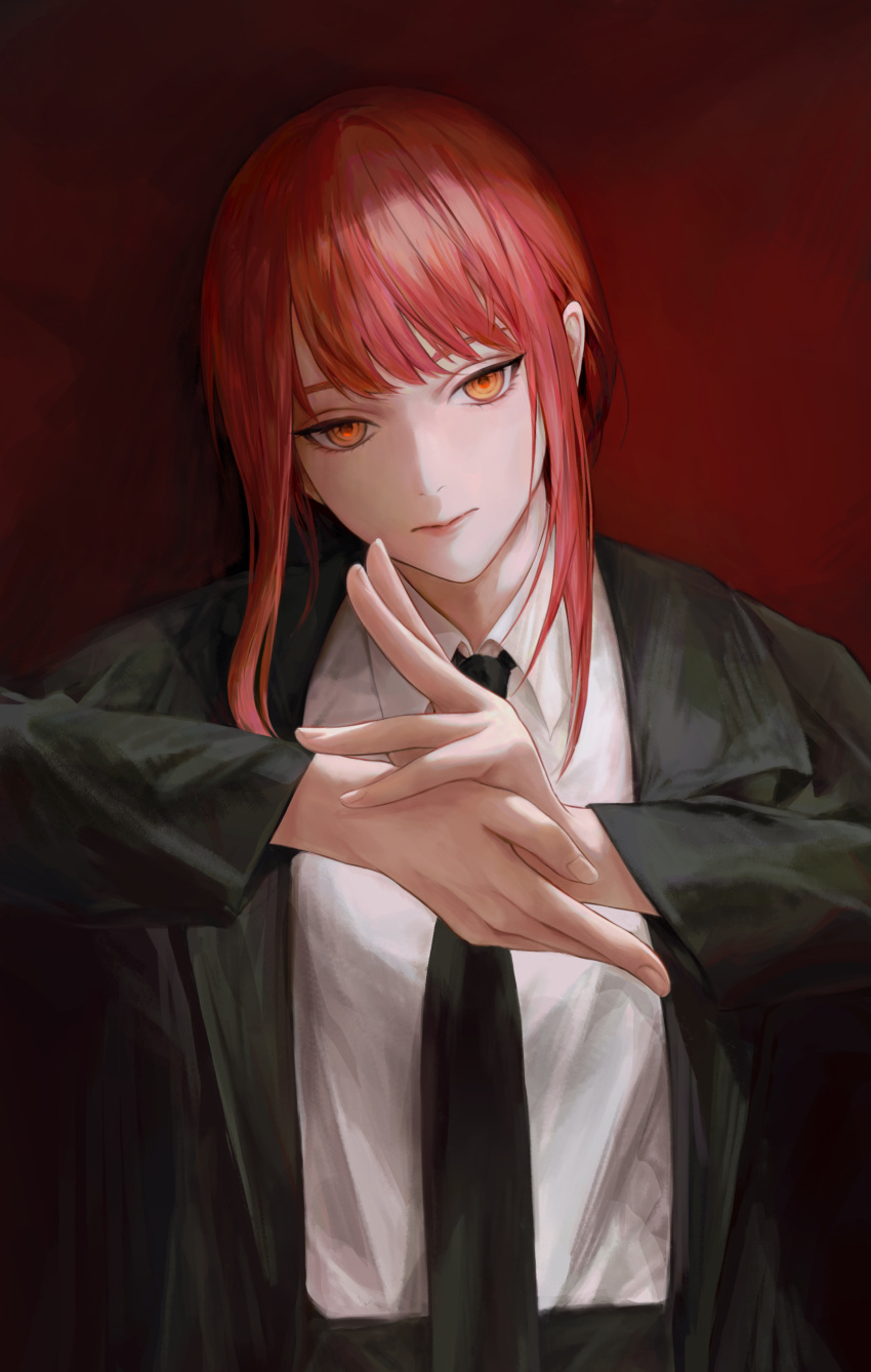 1girl absurdres black_coat black_necktie business_suit chainsaw_man closed_mouth coat dora_(garyeong) expressionless formal highres looking_at_viewer makima_(chainsaw_man) necktie open_clothes open_coat red_hair red_lips red_pupils ringed_eyes shirt shirt_tucked_in solo suit upper_body white_shirt yellow_eyes