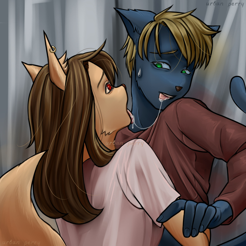 absurd_res animal_humanoid anthro bangs blonde_hair blue_body blue_fur bodily_fluids brown_hair canid canine clothed clothing dress_shirt duo ear_piercing elevator embrace eye_contact felid felid_humanoid feline feline_humanoid felis female fluffy fluffy_ears fluffy_tail forced forced_kiss fox french_kissing fur green_eyes hair hi_res hug humanoid hybrid kissing long_hair looking_at_another looking_at_partner male male/female mammal mammal_humanoid piercing red_body red_eyes red_fox red_fur saliva saliva_on_tongue saliva_string scared shirt shocked shocked_expression straight_hair tail tongue tongue_out topwear undressing undressing_another undressing_partner urban_perry