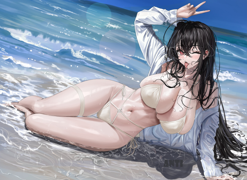 1girl ahoge anti_kumo azur_lane beach bikini breasts cleavage criss-cross_straps crossed_bangs hand_up highres huge_breasts jacket large_breasts long_hair lying ocean off_shoulder official_alternate_costume on_side one_eye_closed partially_submerged red_eyes stomach string_bikini swimsuit taihou_(azur_lane) taihou_(seaside_daydreams)_(azur_lane) thigh_strap tongue tongue_out v wet_bikini white_bikini white_jacket