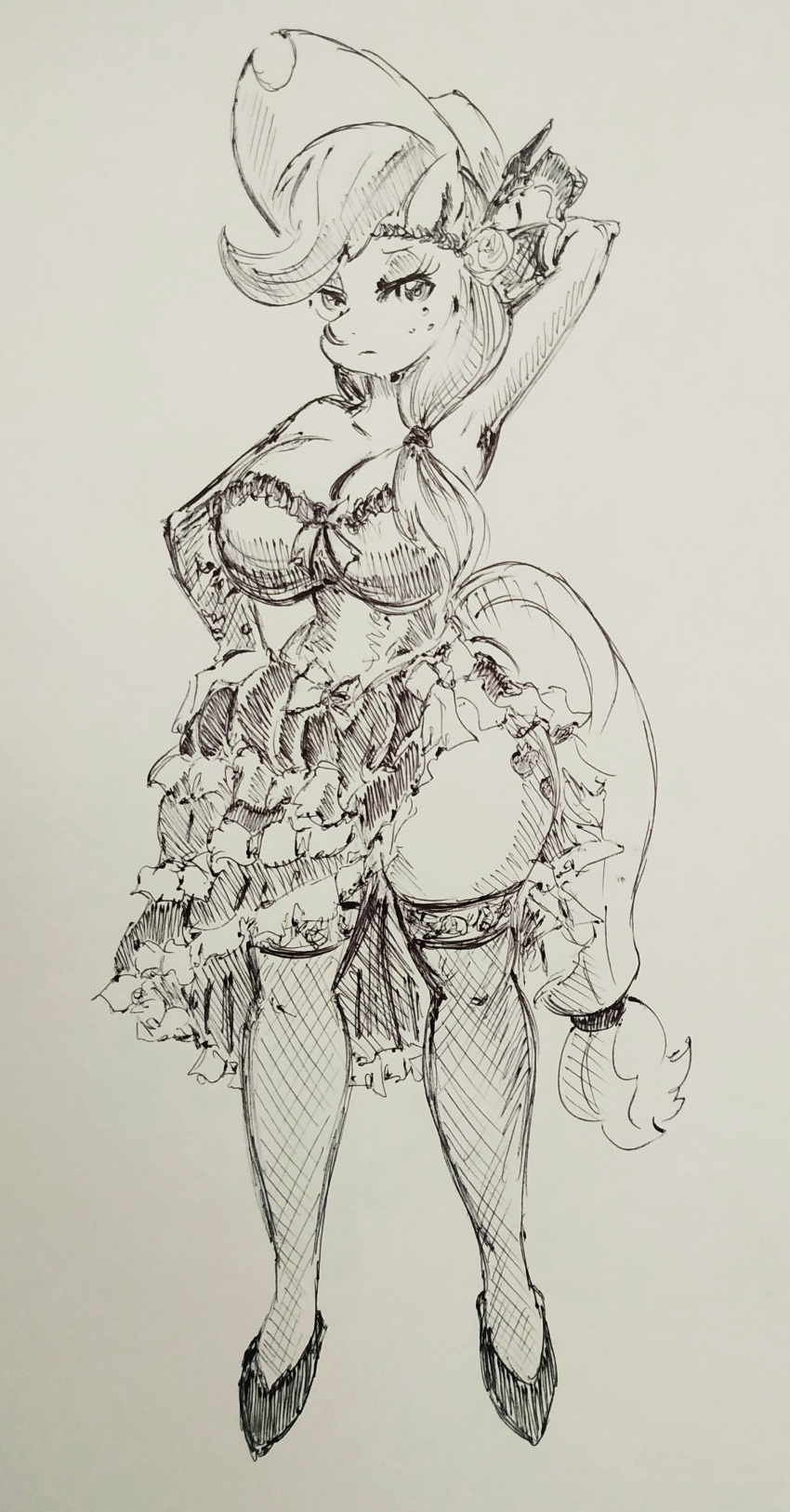 2023 absurd_res anthro anthrofied applejack_(mlp) big_breasts black_and_white breasts clothing cowboy_hat curvy_figure cutie_mark dancer_outfit dress earth_pony equid equine eyelashes female fishnet fishnet_legwear fluffy fluffy_tail footwear freckles friendship_is_magic hand_behind_head hand_on_hip hand_on_own_hip hasbro hat headgear headwear hi_res high_heels horse hourglass_figure legwear long_tail looking_at_viewer mammal monochrome my_little_pony pikapika212 pony sketch small_waist smile snout solo tail thick_thighs voluptuous wide_hips