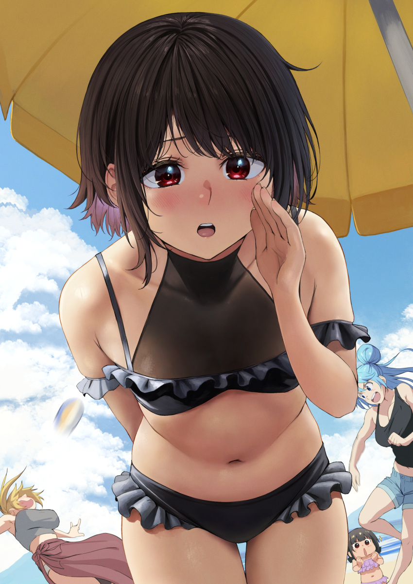 4girls :o alternate_costume aqua_(konosuba) arm_behind_back ball beach beachball bikini black_bikini black_tank_top blush breasts brown_hair cloud collarbone contemporary darkness_(konosuba) frilled_bikini frills hair_bun highres izawa_(bhive003) komekko kono_subarashii_sekai_ni_shukufuku_wo! large_breasts looking_at_another looking_at_viewer megumin mismatched_bikini motion_blur multiple_girls navel outdoors parasol pov red_eyes red_sarong sarong short_hair single_hair_bun small_breasts stomach swimsuit tank_top thigh_gap umbrella