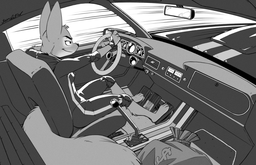 animal_humanoid anthro barefoot big_ears big_tail black_and_white canid canid_humanoid canine canine_humanoid car car_interior car_seat clothing diane_foxington dreamworks driving feet fox fox_humanoid fox_tail furry hi_res hood_down hoodie humanoid invalid_tag leather leather_clothing leather_suit mammal mammal_humanoid money_bag monochrome muscle_car red_fox rubber_clothing rubber_suit skin_tight_suit softailfox solo speed_lines sports_car steering_wheel tail the_bad_guys topwear vehicle vehicle_interior