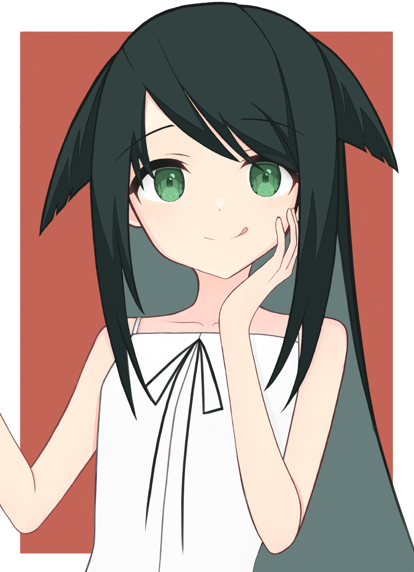 1girl :p absurdres bare_shoulders bpilkeqyirdjeif dress flat_chest green_eyes green_hair hair_flaps highres long_hair looking_at_viewer ribbon saya_(saya_no_uta) saya_no_uta sidelocks sleeveless sleeveless_dress solo tongue tongue_out white_dress