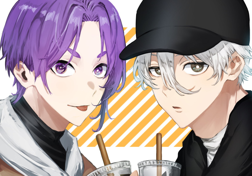 2boys 58hrprtr :p baseball_cap black_headwear blue_lock bright_pupils commentary_request cup drinking_straw hair_between_eyes hat highres looking_at_viewer male_focus mikage_reo multiple_boys nagi_seishirou open_mouth purple_eyes purple_hair short_hair thick_eyebrows tongue tongue_out turtleneck white_hair white_pupils