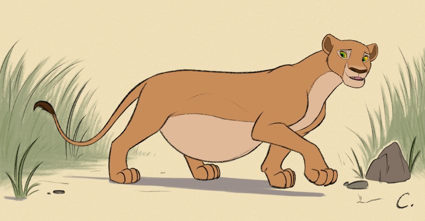 2023 all_fours belly convexpert disney fangs felid female feral fur grass hi_res lion looking_back mammal nala_(the_lion_king) nude open_mouth pantherine paws plant pregnant pregnant_female pregnant_feral rock side_view signature solo tail tail_tuft teeth the_lion_king tuft walking