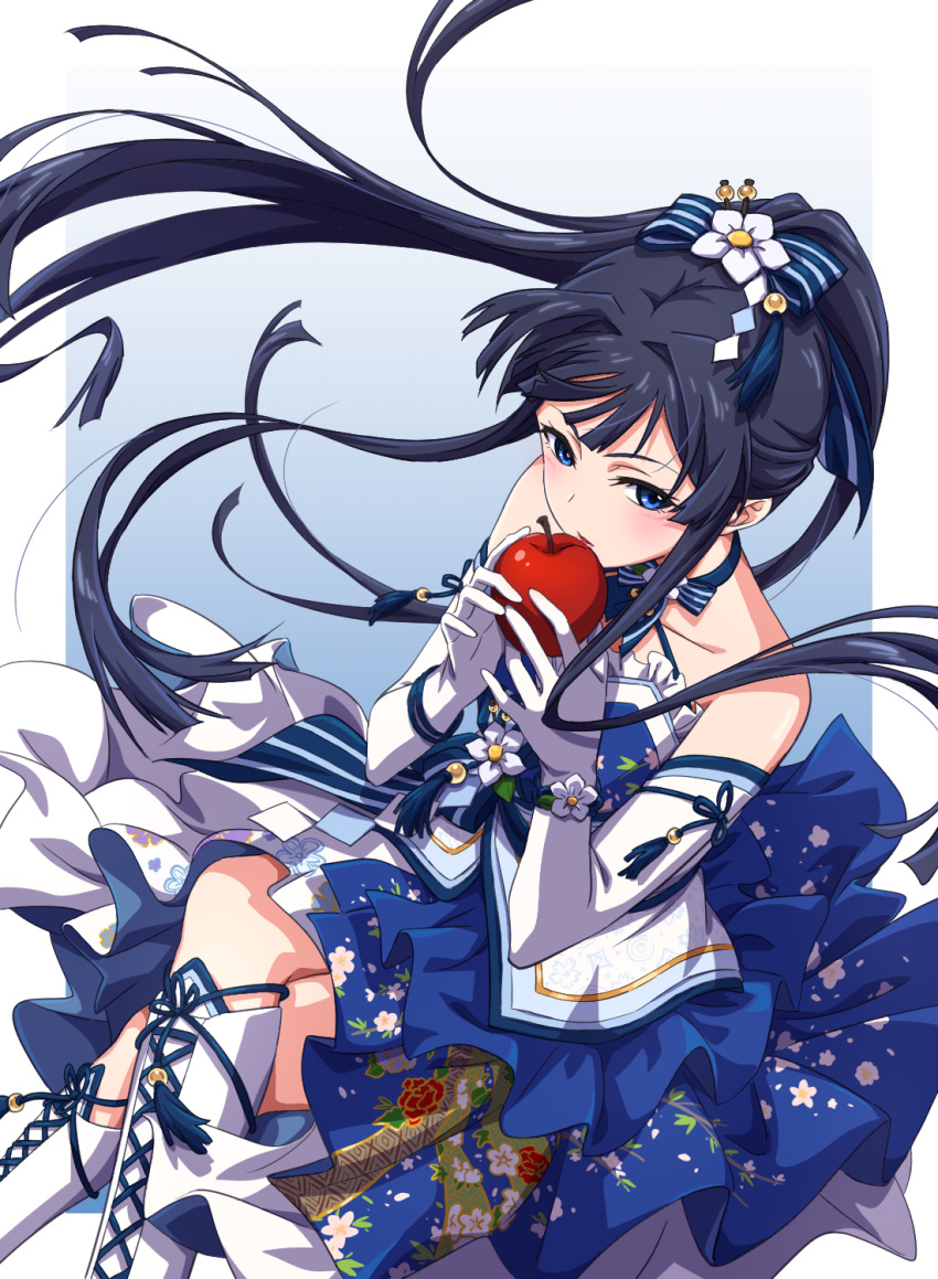 1girl apple bare_shoulders black_hair blue_background blue_choker blue_dress blue_eyes blue_ribbon blush boots border breasts choker collarbone crossed_legs dress elbow_gloves floating_hair floral_print flower food frilled_dress frills from_above fruit gloves gradient_background hair_flower hair_ornament hair_ribbon hands_up highres holding holding_food holding_fruit idolmaster idolmaster_million_live! idolmaster_million_live!_theater_days long_hair looking_at_viewer looking_up mogami_shizuka outside_border parted_lips print_dress ribbon sanada_(tony2035176) simple_background sitting small_breasts solo strapless strapless_dress striped striped_ribbon white_border white_flower white_footwear white_gloves