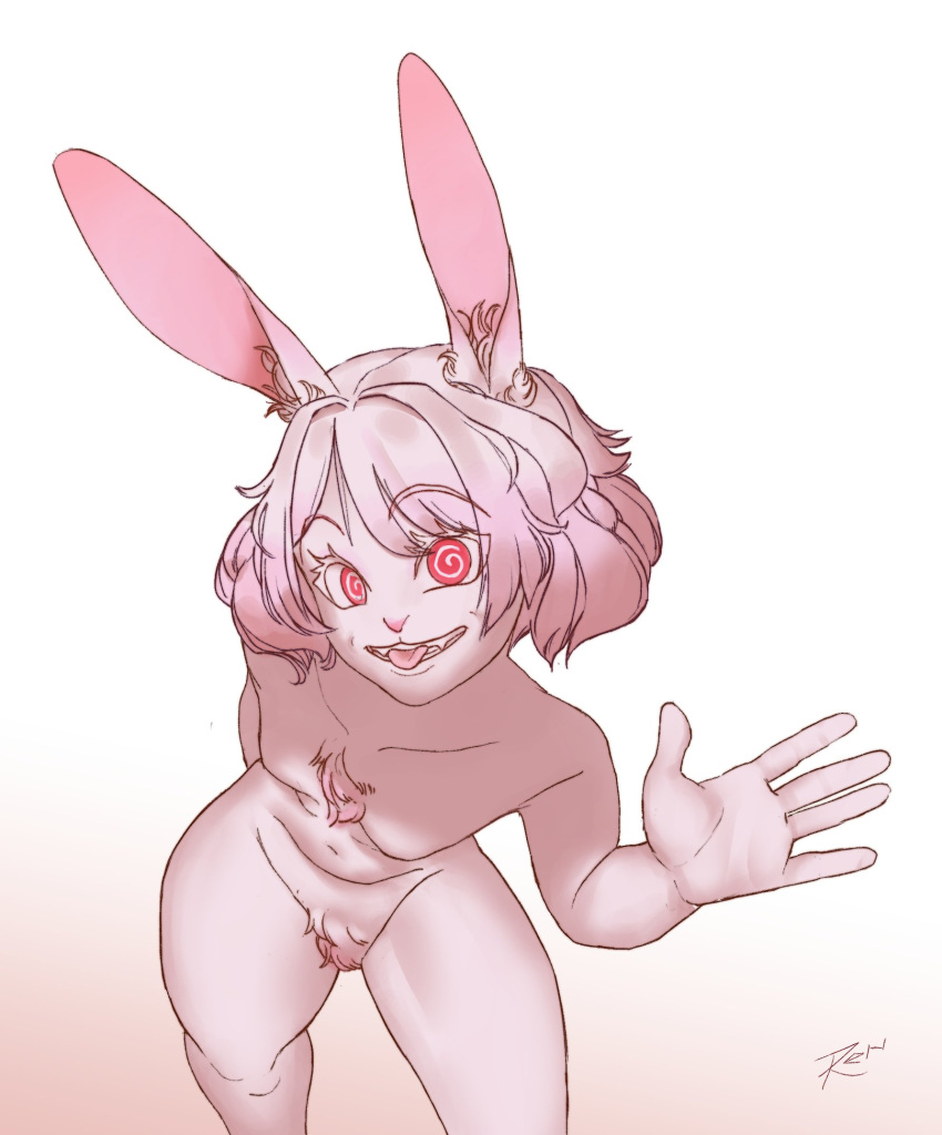 2023 5_fingers anthro artist_name biped breasts digital_media_(artwork) female female_anthro fingers flat_chested fur genitals gesture hair hi_res lagomorph leaning leaning_forward leporid looking_at_viewer mammal nude pink_hair pussy rabbit rabbit_ears red_eyes ruttinren simple_background smile smiling_at_viewer solo spiral_pupils standing teeth tongue tongue_out unknown_character waving waving_at_viewer white_body white_fur