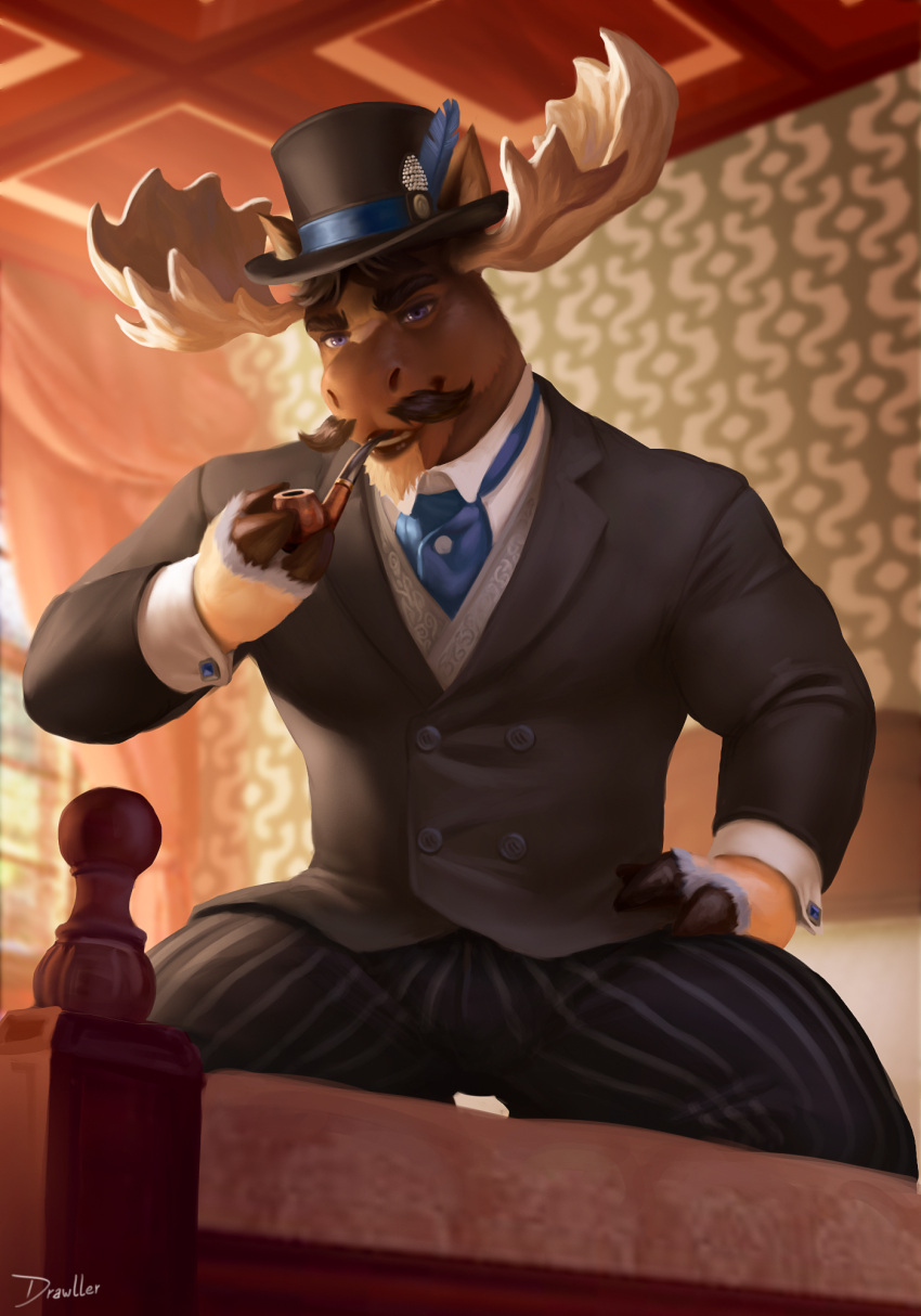 anthro antlers bed bedroom brown_hair bulge clothing deer diffuse_moose drawller facial_hair fingers furniture hair hi_res hooved_fingers hooves horn kneeling looking_at_viewer male mammal moose mustache new_world_deer on_bed smoking_pipe solo suit tuft victorian