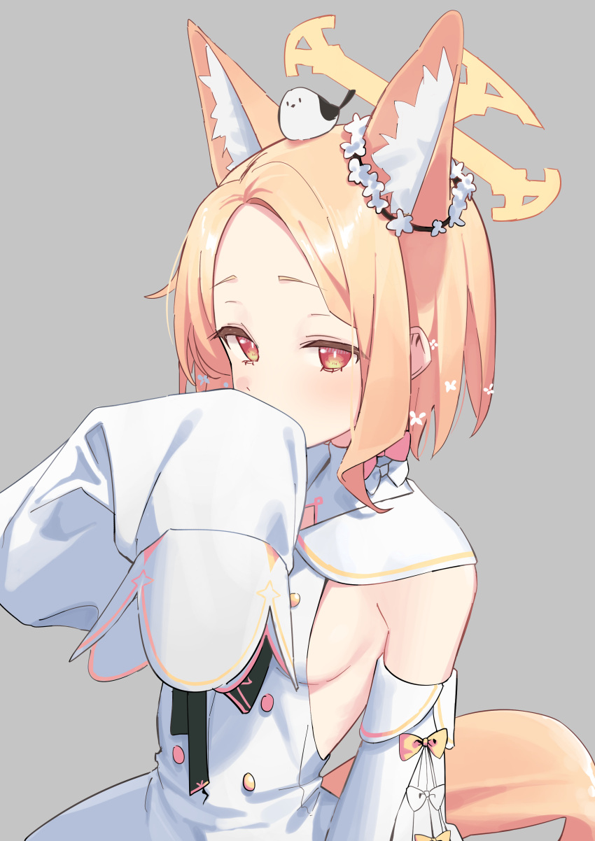 1girl absurdres animal_ears animal_on_head bird blonde_hair blue_archive blush breasts buttons covering_mouth dress ear_flower flower forehead fox_ears fox_girl fox_tail grey_background halo hiding highres light_blush long_sleeves multicolored_eyes off_shoulder on_head orange_eyes parted_bangs ribbon seia_(blue_archive) short_hair sideboob simple_background sleeves_past_fingers sleeves_past_wrists small_breasts solo syhan tail white_dress