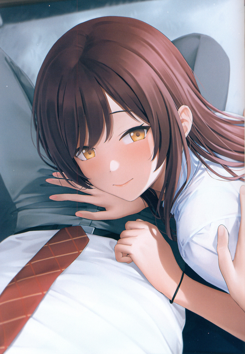 1boy 1girl absurdres blush bracelet caress closed_mouth couch crotch_grab from_above hand_on_another's_crotch hand_on_another's_shoulder hetero highres idolmaster idolmaster_shiny_colors imminent_fellatio indoors jewelry long_hair looking_at_viewer mikazuchi_zeus necktie non-web_source on_couch osaki_amana pov pov_hands producer_(idolmaster) red_hair red_necktie scan school_uniform shirt short_sleeves sitting smile solo_focus straight_hair swept_bangs very_long_hair white_shirt yellow_eyes