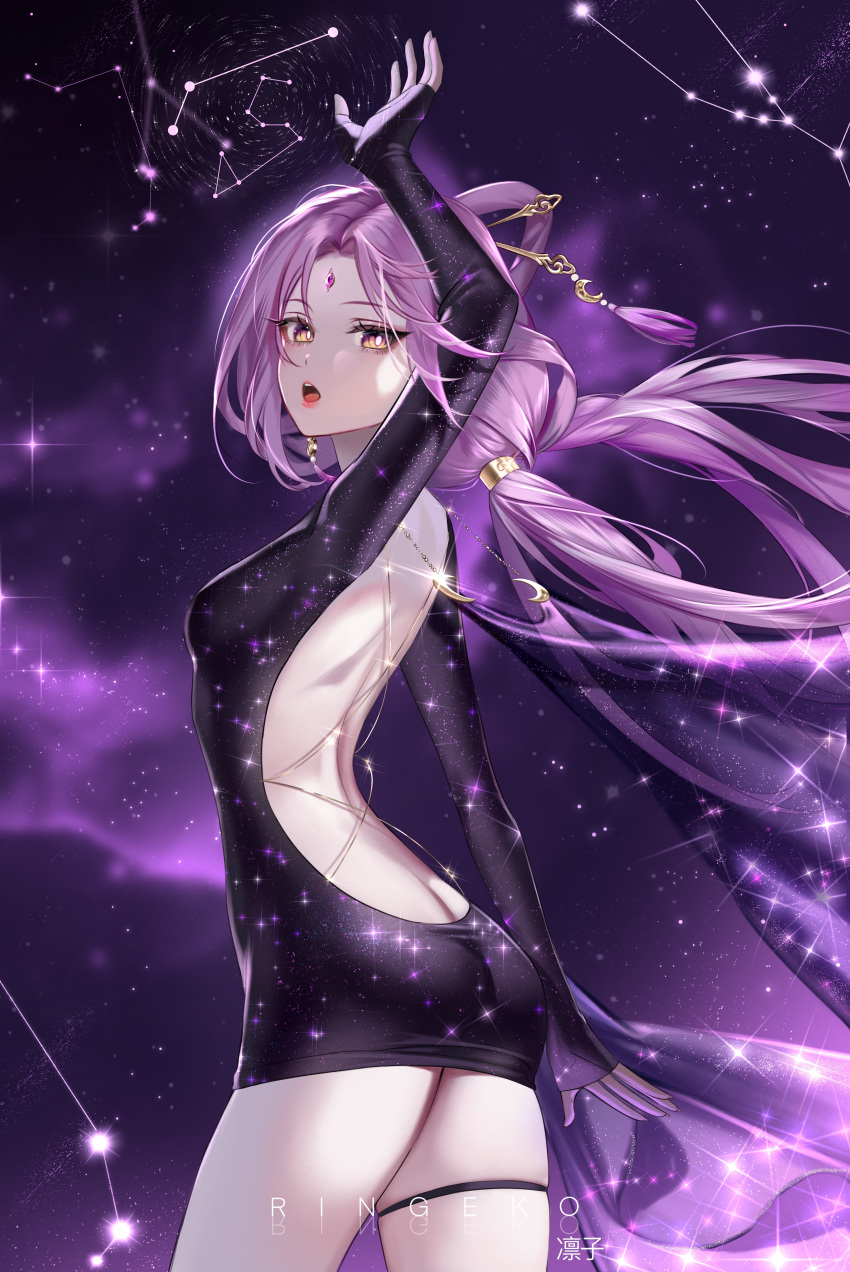 1girl absurdres arm_up artist_name backless_dress backless_outfit black_dress breasts constellation dress floating_hair forehead_jewel from_side fu_xuan_(honkai:_star_rail) hair_ornament hair_stick highres honkai:_star_rail honkai_(series) long_sleeves looking_to_the_side medium_breasts open_mouth pink_hair ringeko-chan sleeves_past_wrists solo standing thigh_strap yellow_eyes