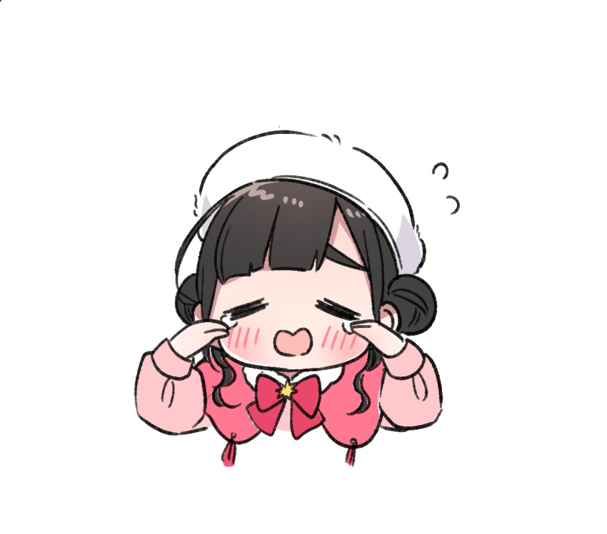 1girl =_= arashi_chisato beret black_hair blush bow bowtie chibi commentary_request cropped_torso crying double_bun facing_viewer hair_bun hat kashikaze long_sleeves love_live! love_live!_superstar!! misaki_nako open_mouth pink_bow pink_bowtie real_life sidelocks simple_background solo upper_body voice_actor voice_actor_connection white_background white_headwear