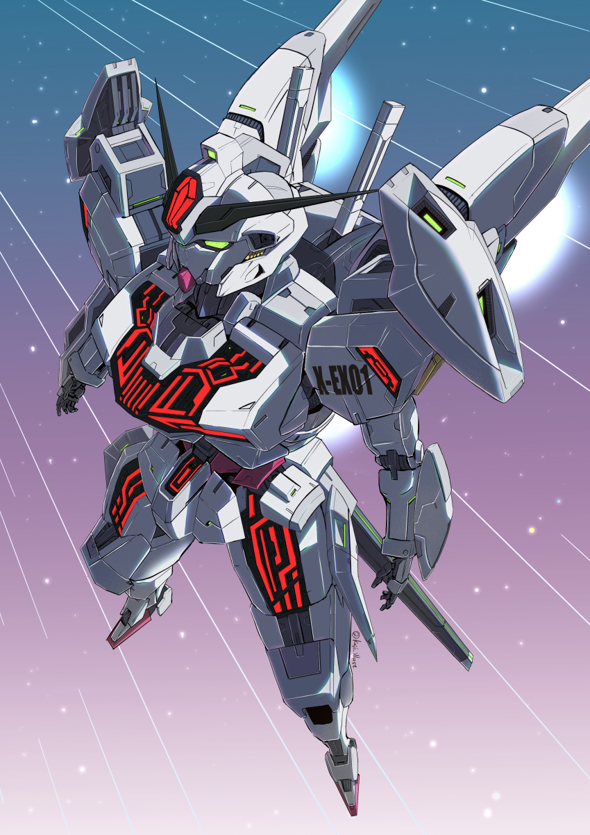 absurdres commentary exhaust glowing gradient_background green_eyes gundam gundam_calibarn gundam_suisei_no_majo highres kaji_illust mecha mobile_suit no_humans robot science_fiction solo star_(sky) thrusters v-fin