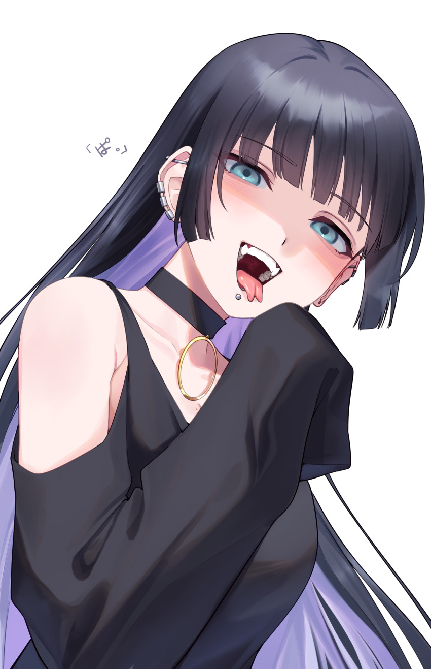 1girl absurdres armpit_crease black_dress black_hair blue_eyes bocchi_the_rock! breasts choker cleavage clothing_cutout colored_inner_hair dress ear_piercing earclip forked_tongue hand_up head_tilt highres long_hair looking_at_viewer medium_breasts mole mole_on_breast mouth_piercing multicolored_hair open_mouth pa-san piercing shaded_face shoulder_cutout sidelocks simple_background sleeves_past_fingers sleeves_past_wrists smile solo tamayume teeth tongue tongue_out upper_body white_background