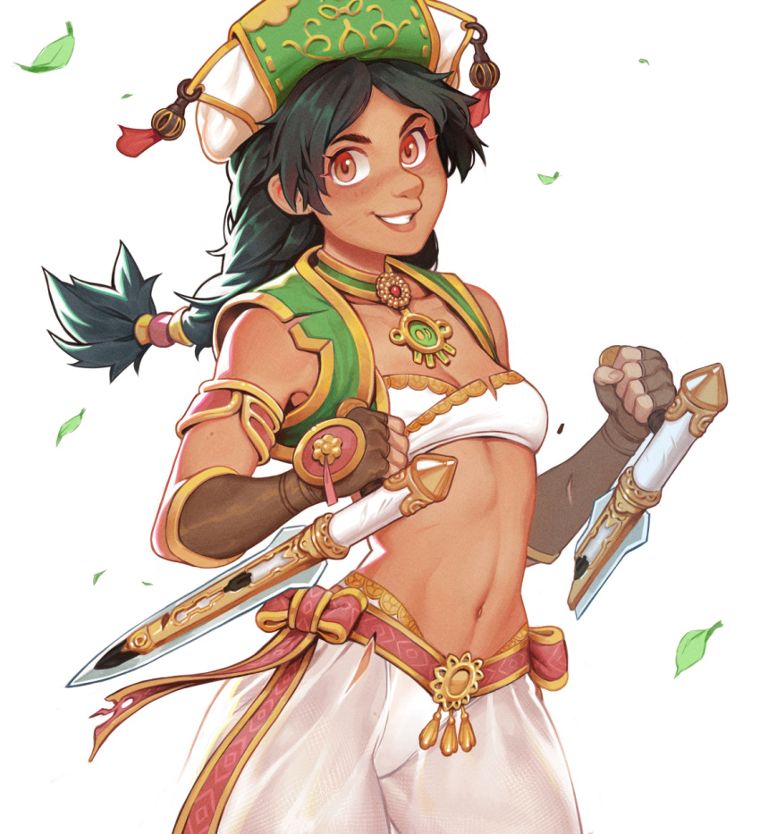 1girl bandeau bare_shoulders black_hair bladed_tonfa braid breasts brown_eyes commentary commission dark-skinned_female dark_skin dual_wielding effy_neprin english_commentary gloves harem_pants hat highres holding jewelry midriff navel necklace panties pants see-through small_breasts solo soulcalibur soulcalibur_iv strapless talim tonfa tube_top twin_braids twintails underwear vest weapon white_panties