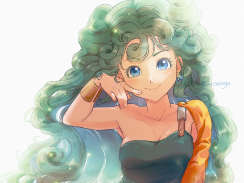 1girl alternate_hair_length alternate_hairstyle blue_eyes bracelet breasts closed_mouth collarbone commentary_request curly_hair detached_sleeves dragon_quest dragon_quest_iv dress earrings green_dress green_hair hand_on_own_face hand_up heroine_(dq4) highres jewelry kikumesango light_blush long_hair looking_at_viewer medium_breasts orange_sleeves simple_background single_bare_shoulder single_detached_sleeve single_strap smile solo twitter_username upper_body very_long_hair