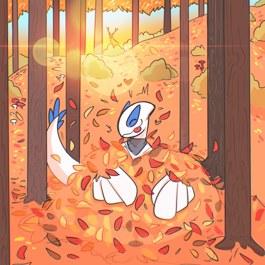 absurd_res anthro autumn autumn_leaves bandanna bandanna_on_neck blue_markings dez_(rcar) eyes_rolling_back forest forest_background generation_2_pokemon hi_res kerchief leaves_on_ground legendary_pokemon lugia male markings nature nature_background nintendo plant pokemon pokemon_(species) smile solo tongue tongue_out tree white_body white_skin xing1