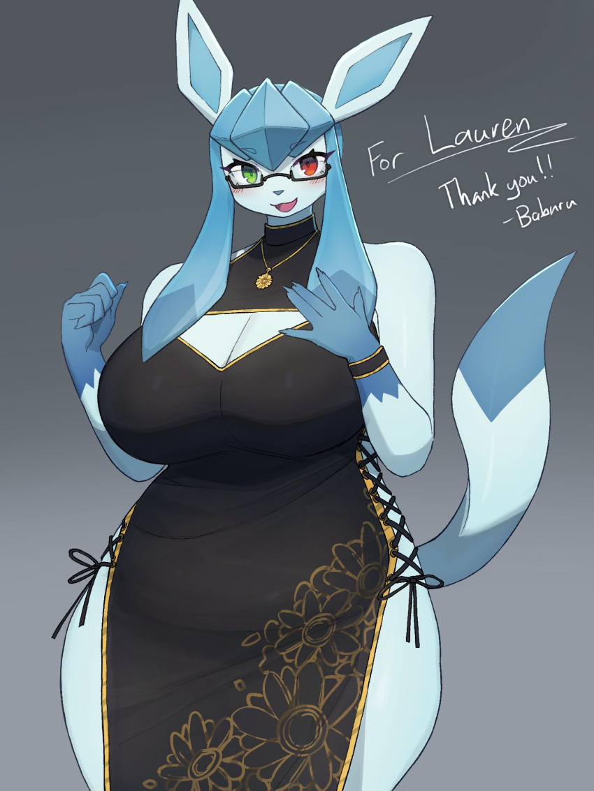 anthro baburusushi biped blush breasts cleavage clothed clothing eeveelution eyewear female generation_4_pokemon glaceon glasses green_eyes heterochromia hi_res looking_at_viewer nintendo open_mouth pokemon pokemon_(species) red_eyes solo