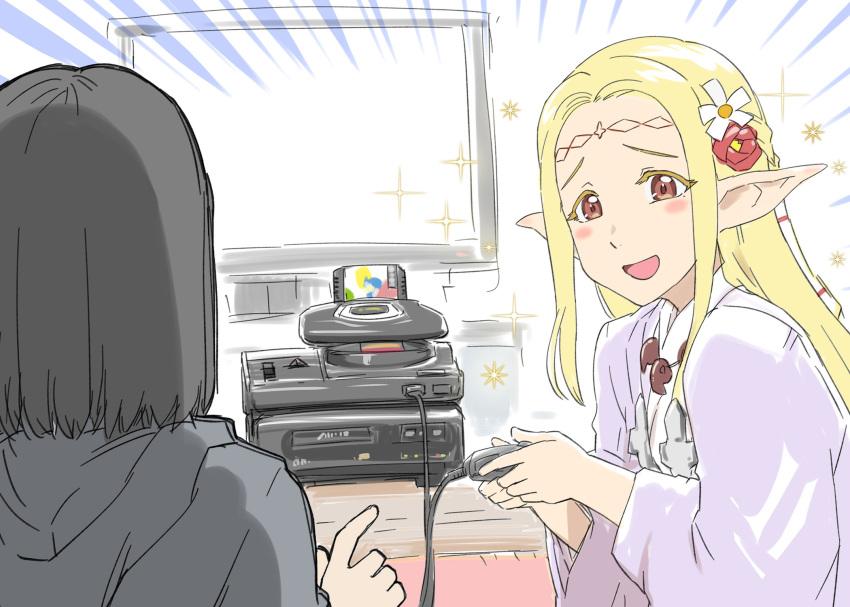 1boy 1girl :d black_hair black_sweater blonde_hair cable circlet commentary_request controller crossover edomae_elf eldali_ilma_fanomenel elf flower forehead game_cartridge game_console game_controller hair_flower hair_ornament hair_tubes highres hood hooded_sweater isekai_ojisan japanese_clothes long_hair long_sleeves looking_at_another looking_at_viewer miko orange_eyes parted_bangs pointing pointy_ears sega_32x sega_cd sega_mega_drive shibazaki_yousuke sidelocks simple_background smile sweater television ueyama_michirou wide_sleeves