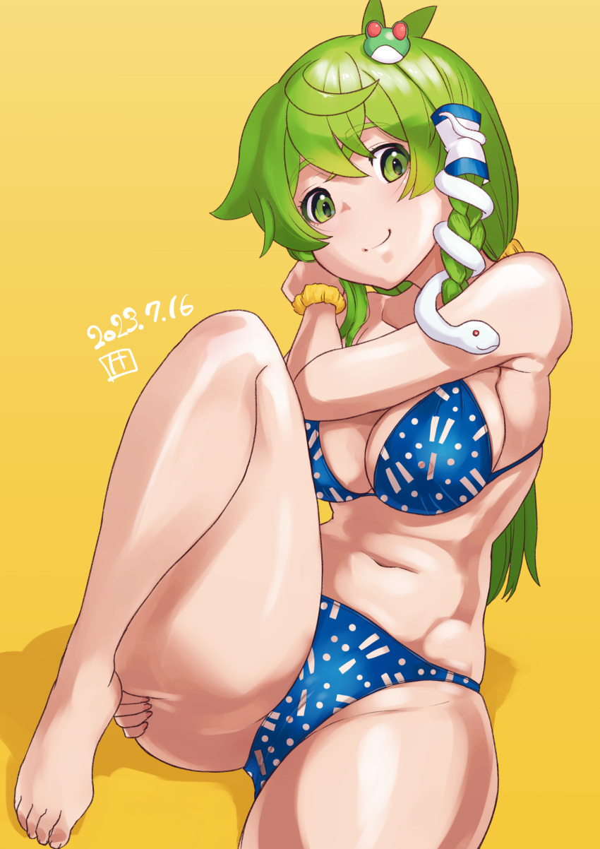 1girl alternate_costume antenna_hair bikini blue_bikini blush braided_sidelock breasts cleavage closed_mouth commentary_request dated fingernails foot_out_of_frame frog_hair_ornament green_eyes green_hair hair_between_eyes hair_ornament highres kei_jiei kochiya_sanae large_breasts long_hair looking_at_viewer medium_bangs navel sidelocks single_hair_tube smile snake_hair_ornament solo swimsuit toenails touhou wrist_cuffs yellow_background