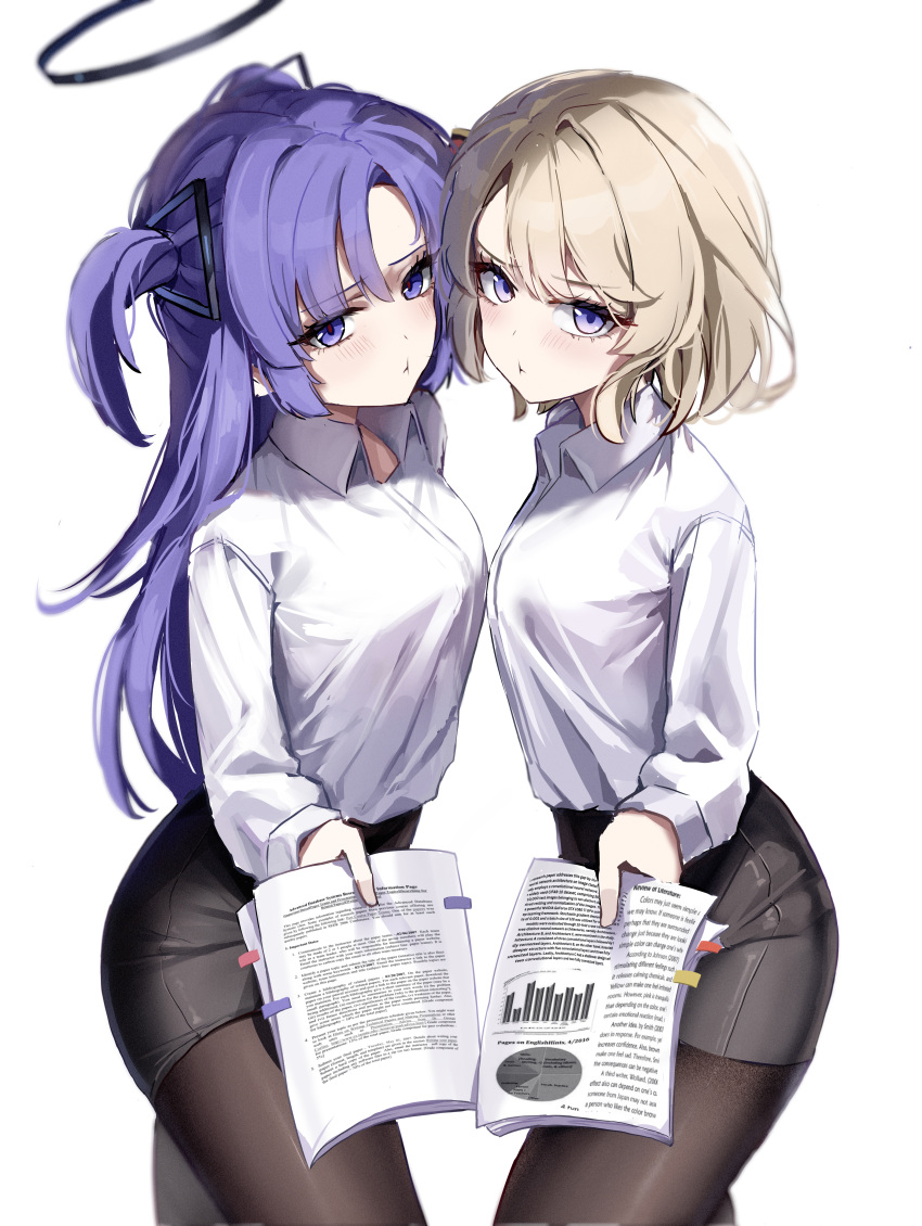 2girls absurdres azur_lane black_pantyhose black_skirt blonde_hair blue_archive blush breasts collared_shirt commission crossover halo highres holding holding_paper long_hair long_sleeves looking_at_viewer mechanical_halo medium_breasts multiple_girls pantyhose paper pencil_skirt purple_eyes purple_hair shirt short_hair simple_background skirt sstthei two_side_up white_background white_shirt yuuka_(blue_archive) z23_(azur_lane)