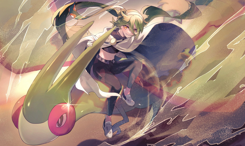 1girl bandaged_arm bandages brown_cape cape crop_top double_bun dragon flygon gloves green_hair ground_miku_(project_voltage) hair_between_eyes hair_bun hatsune_miku highres long_hair midriff mipi orange_eyes pants pokemon pokemon_(creature) project_voltage sand sandstorm smile twintails very_long_hair vocaloid white_gloves