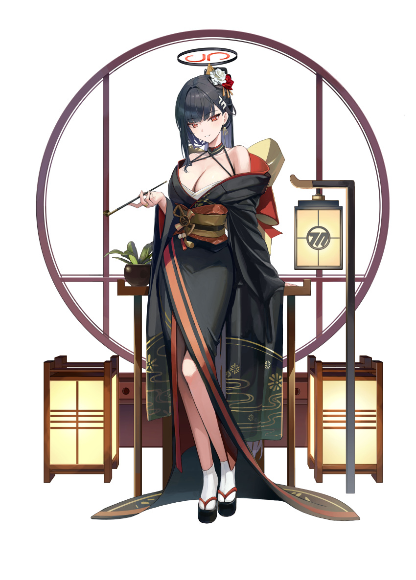 1girl absurdres alternate_costume black_hair black_kimono blue_archive breasts cleavage full_body hallo_(rltkdydrltk) halo highres holding holding_smoking_pipe incredibly_absurdres japanese_clothes kimono large_breasts long_hair long_sleeves obi okobo open_mouth plant potted_plant red_eyes rio_(blue_archive) sash smile smoking_pipe socks solo tabi white_socks wide_sleeves