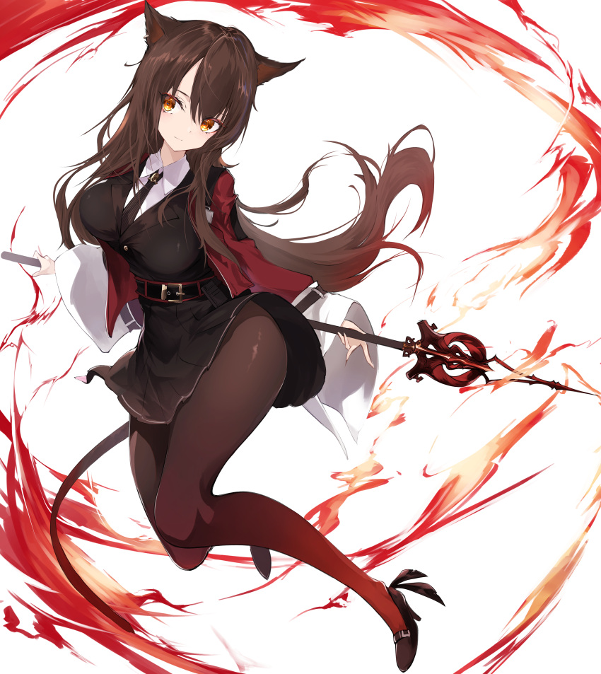 1girl absurdres animal_ears arknights belt belt_buckle black_belt black_dress black_footwear black_necktie breasts brown_hair brown_pantyhose brown_tail buckle cat_ears cat_girl cat_tail closed_mouth collared_shirt colored_eyelashes commentary_request commission dress eyes_visible_through_hair fire full_body gradient_legwear hair_between_eyes high_heels highres holding holding_weapon jacket lapels large_breasts light_blush light_smile long_hair long_sleeves looking_to_the_side magic necktie pantyhose pleated_dress pyrokinesis red_jacket red_pantyhose shirt shoes short_dress sideways_glance skeb_commission skyfire_(arknights) sleeves_past_wrists solo tail thighs weapon white_background white_shirt wide_sleeves yellow_eyes yonagi_white