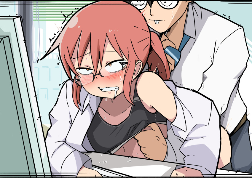 1boy 1girl absurdres black_shirt blush clenched_teeth clothed_sex coat drooling flat_chest funny_glasses glasses grabbing grabbing_from_behind hetero highres implied_sex kobayashi-san_chi_no_maidragon kobayashi_(maidragon) mark_gavatino red_hair rolling_eyes sex sex_from_behind shirt takiya_makoto teeth twitching white_coat white_shirt