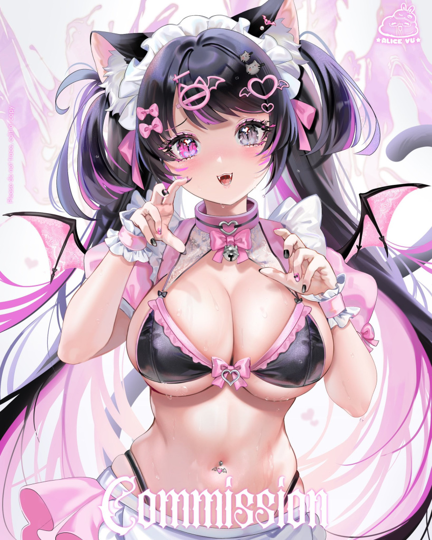 1girl akuradere alice_vu animal_ears apron bell bikini black_bikini black_eyes black_hair bow bowtie breasts cat_ears cat_tail claw_pose cleavage collar fangs frilled_bikini frills front-tie_bikini_top front-tie_top hair_ornament hairclip hands_up heterochromia highleg highres indie_virtual_youtuber jingle_bell large_breasts long_hair looking_at_viewer mini_wings miniskirt multicolored_hair nail_art navel navel_piercing open_mouth piercing pink_collar pink_eyes pink_hair pink_skirt revealing_clothes short_sleeves shrug_(clothing) skindentation skirt slit_pupils smile solo stomach streaked_hair swimsuit tail twintails two-tone_hair very_long_hair virtual_youtuber waist_apron wet wings wrist_cuffs