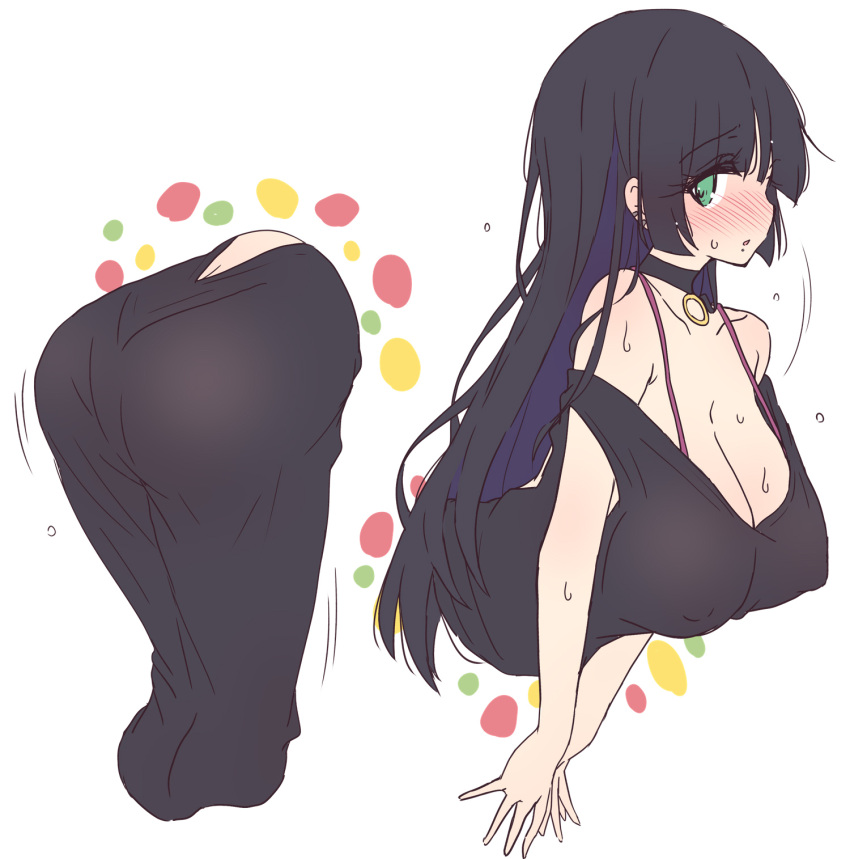 1girl ass black_choker black_dress black_hair blunt_bangs bocchi_the_rock! breasts choker colored_inner_hair covered_nipples dress ear_piercing green_eyes highres hime_cut large_breasts long_hair mel_(melty_pot) multicolored_hair pa-san piercing purple_hair simple_background solo