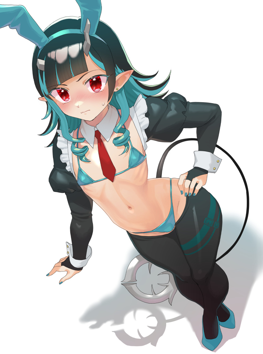 1girl alternate_costume animal_ears bikini black_bridal_gauntlets black_hair blue_bikini blue_hair blue_nails blunt_bangs blush bunny_day buren closed_mouth collar commentary_request demon_girl demon_horns demon_tail detached_collar earrings fake_animal_ears fang fang_out flat_chest full_body hand_on_own_hip highres horns jewelry long_hair looking_at_viewer meme_attire multicolored_hair nanashi_inc. navel necktie pointy_ears rabbit_ears red_eyes red_necktie reverse_bunnysuit reverse_outfit shadow shishio_chris shrug_(clothing) simple_background solo standing stud_earrings swimsuit tail two-tone_hair virtual_youtuber white_background white_collar